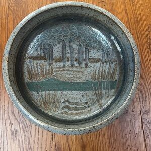 Vintage Signed Studio Pottery Landscape Bowl Rustic Stoneware 9”